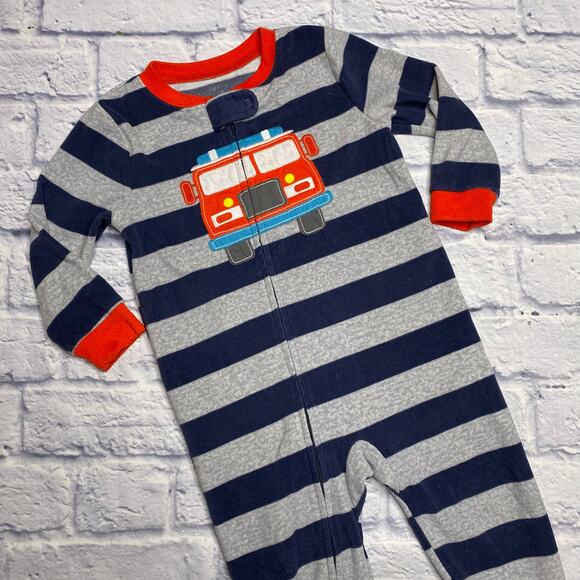 Carter's Striped, Fleece Firetruck Footed Pajamas - Picture 2 of 5